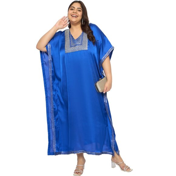 Gypsie Blu Satin Sequences Caftan Maxi Dress Kimono Sleeve Dresses for Birthday - Picture 3 of 8